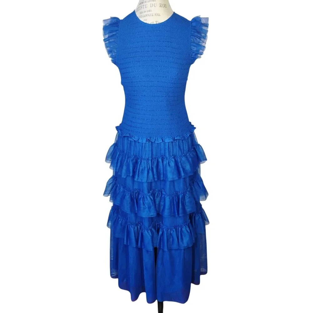ME+EM Ethereal Tulle Shirred Midi Dress Womens 8 Royal Blue Tiered Wedding Party